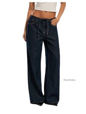 Women's Low Rise Baggy Wide Leg Drawstring Jeans Casual Straight Trousers